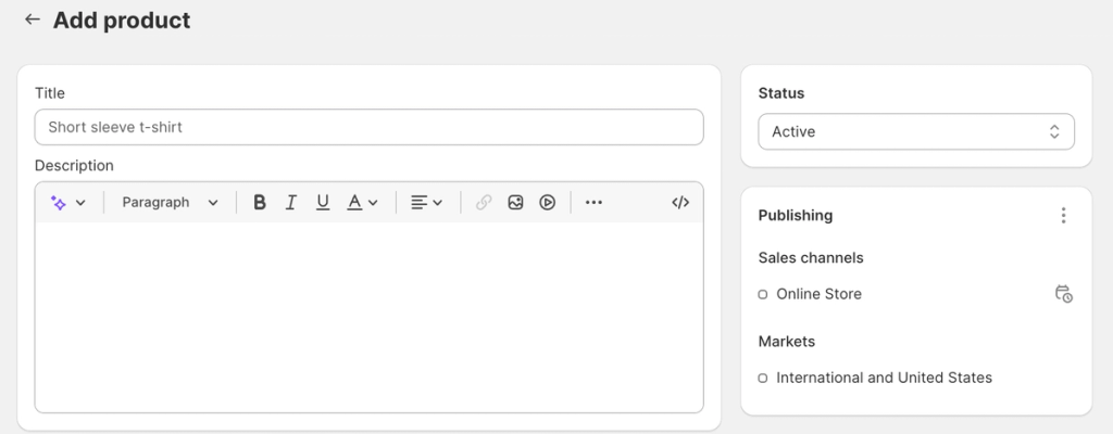 Ecommerce admin Add product screen with title Short sleeve t-shirt, status Active and publishing options