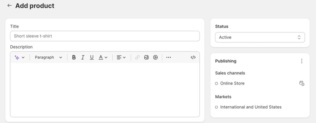 Ecommerce admin Add product screen with title Short sleeve t-shirt, status Active and publishing options