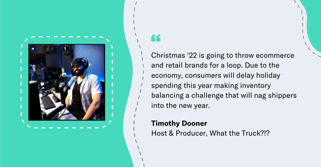 Testimonial card with a headset-wearing man and quote from Timothy Dooner, Host & Producer of What the Truck?!?