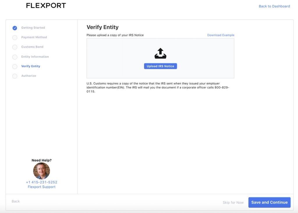 Flexport app Verify Entity onboarding step with an Upload IRS Notice drop zone and a sidebar checklist of setup steps.
