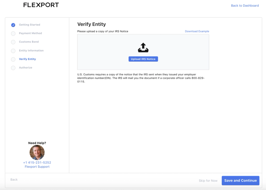 Flexport app Verify Entity onboarding step with an Upload IRS Notice drop zone and a sidebar checklist of setup steps.
