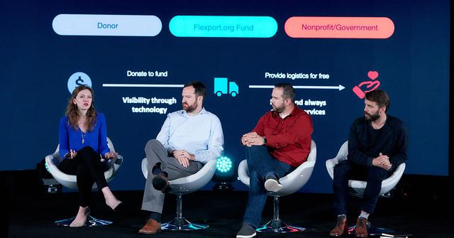 Four people seated in pod chairs onstage before a Flexport.org donor-to-nonprofit funding diagram