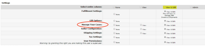 Amazon Seller Central Settings permissions grid with View & Edit column highlighted and Manage Your Cases row circled