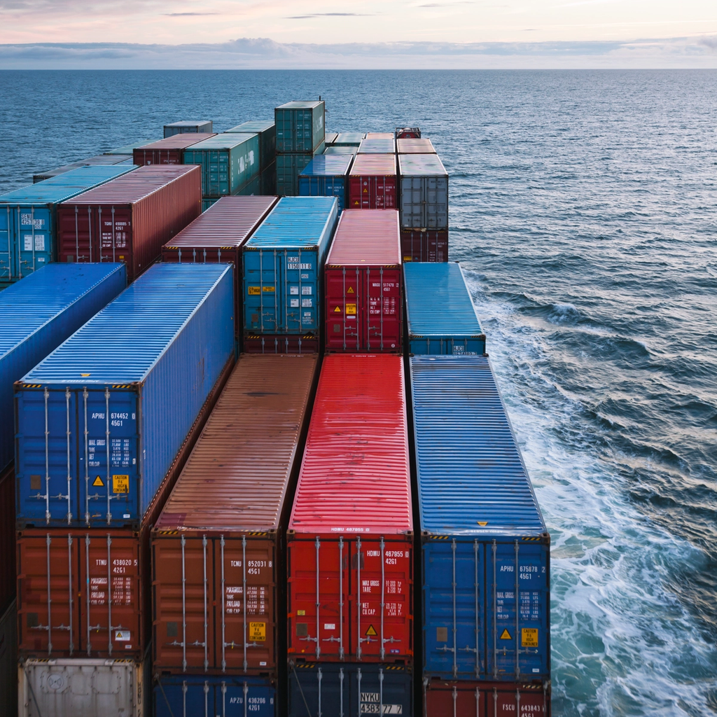 Shipping containers stacked on a cargo ship deck over ocean water.