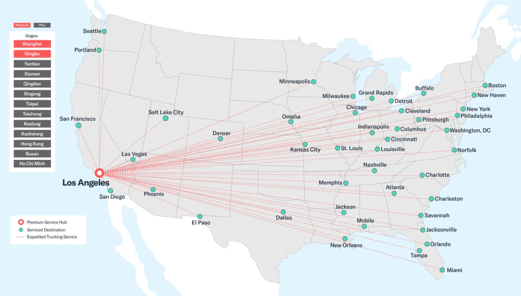 US map of Flexport LCL network with Los Angeles premium service hub and red lines fanning out to serviced destination cities nationwide