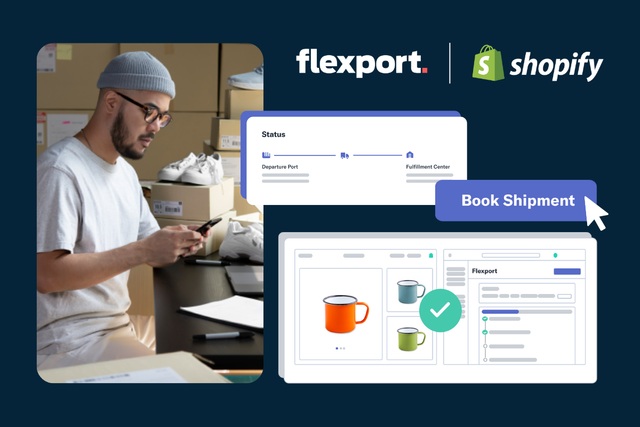 Flexport and Shopify logos above a Book Shipment button and order-tracking dashboard; man on phone at left