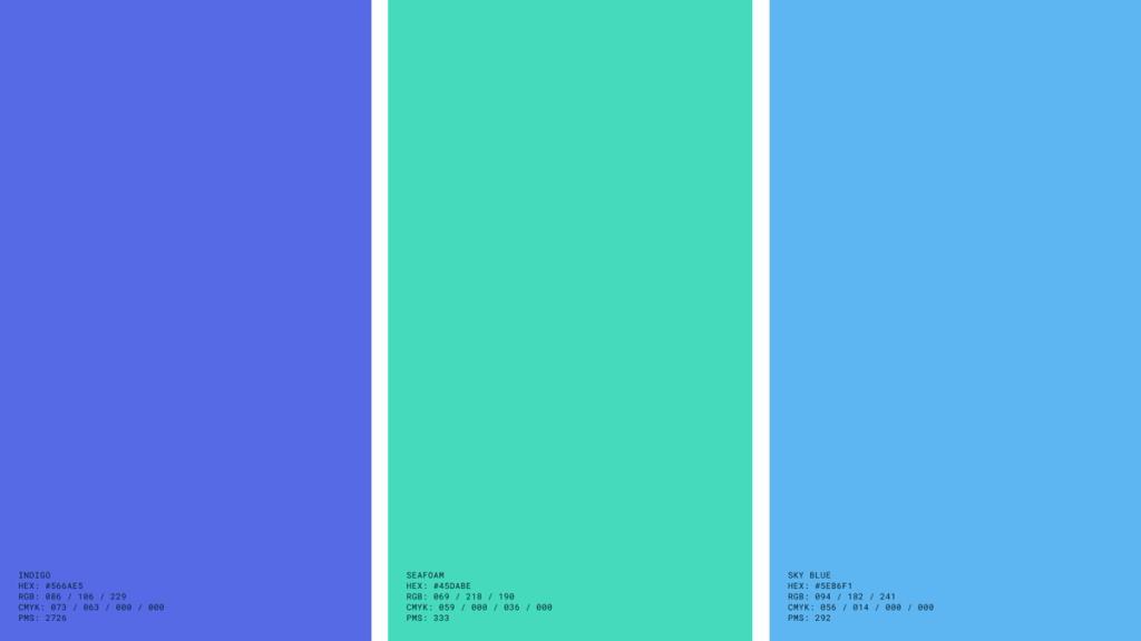 Three vertical color swatches displaying RGB and hexadecimal values for each hue.