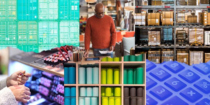 Collage of teal containers, a shopper, warehouse pallet racks, store shelves, candles and a blue calculator