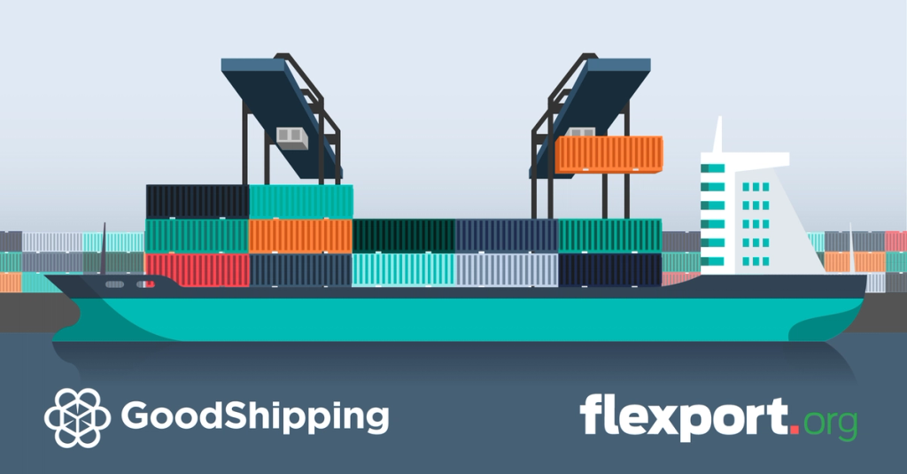 Flat illustration of a container ship at port with cranes; GoodShipping and flexport.org logos
