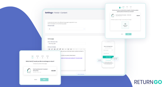 ReturnGO branded return portal settings with desktop and mobile self-service return flows