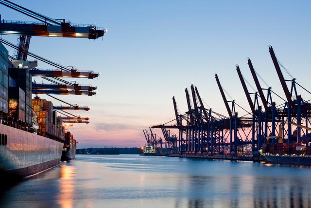 Container terminal at dusk with rows of gantry cranes lining a calm harbor under a pink-tinged sky