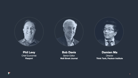 Speaker headshots: Phil Levy of Flexport, Bob Davis of Wall Street Journal, Damien Ma of Paulson Institute