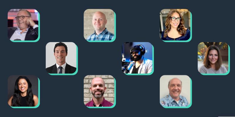 Grid of nine headshots of logistics experts arranged on a dark background