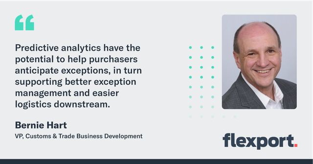 Quote card: Bernie Hart, VP Customs & Trade, on predictive analytics, with his headshot and Flexport logo