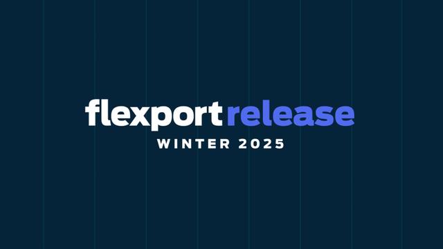 Flexport Release Winter 2025 wordmark in white and blue on a dark navy background