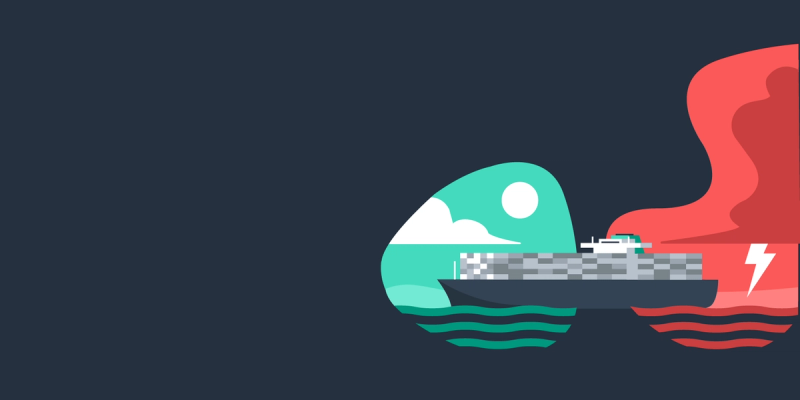 Flat illustration of a container ship between a teal calm-weather scene and a red stormy scene with a lightning bolt, dark navy background