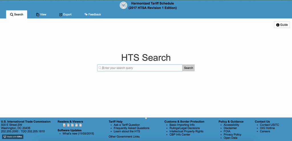 USITC Harmonized Tariff Schedule HTS Search landing page with a centered search box for 2017 HTSA Revision 1 Edition