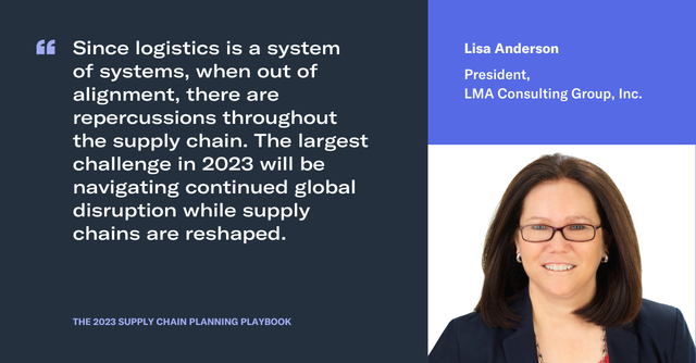 Quote card from Lisa Anderson, President of LMA Consulting Group, on navigating 2023 supply chain disruption