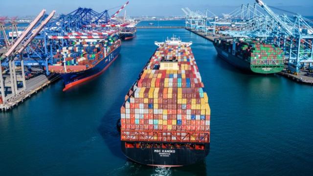 Aerial view of container ship MSC Kanoko sailing into a port channel between docked cargo vessels and gantry cranes