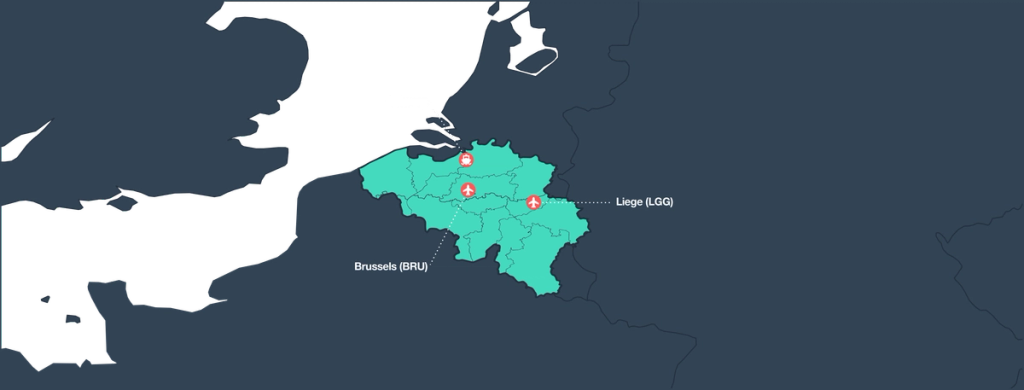 Map of Belgium highlighting the Brussels and Liege airport gateways