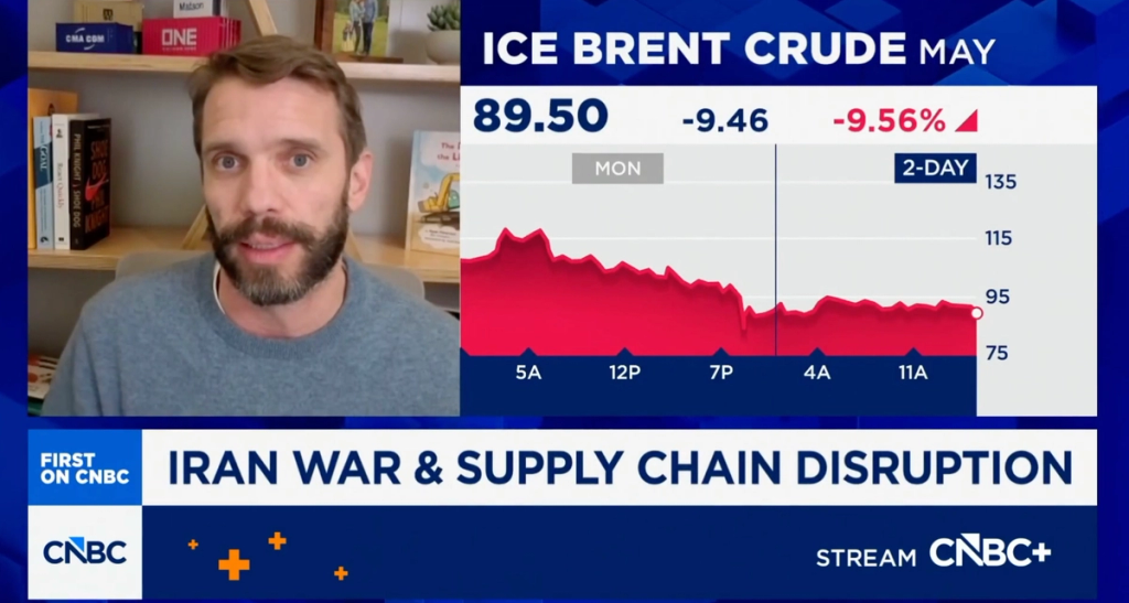 CNBC broadcast still: man in video interview beside an ICE Brent Crude chart, chyron reads Iran War & Supply Chain Disruption