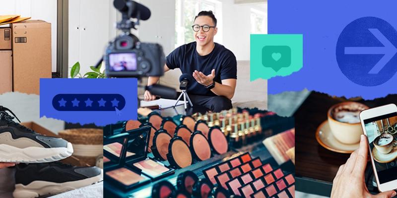 Collage of e-commerce themes: man filming a product video, five-star rating, makeup display, shoes, coffee photo on phone