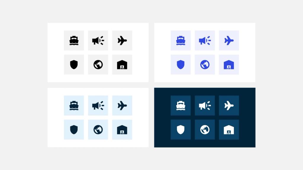 Four collections of security and travel icons including car, megaphone, airplane, shield, globe, and house symbols.