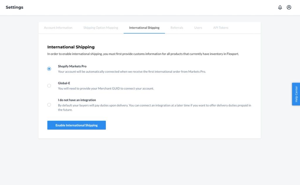 Flexport Seller Portal International Shipping settings screen with integration options and Enable button