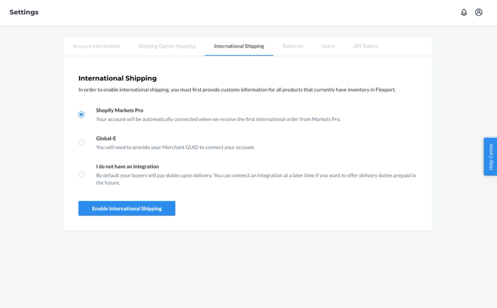 Flexport Seller Portal International Shipping settings screen with integration options and Enable button