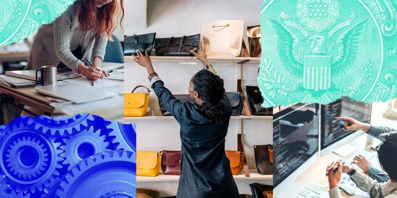 Collage of a designer sketching, a shopper browsing leather bags, gears, a coder, and a US seal in green