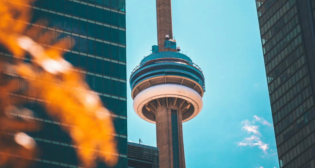 Toronto's CN Tower framed by office towers and autumn foliage against a blue sky