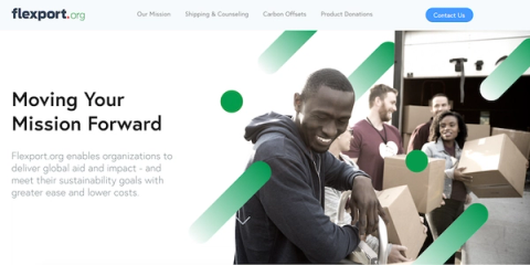 Flexport.org homepage header reading Moving Your Mission Forward beside a man packing boxes.