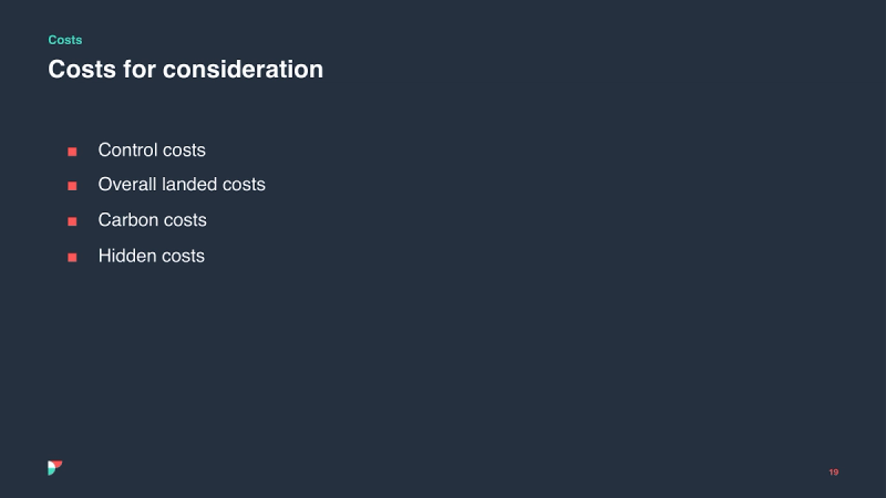 Dark presentation slide titled "Costs for consideration" listing control, overall landed, carbon, and hidden costs