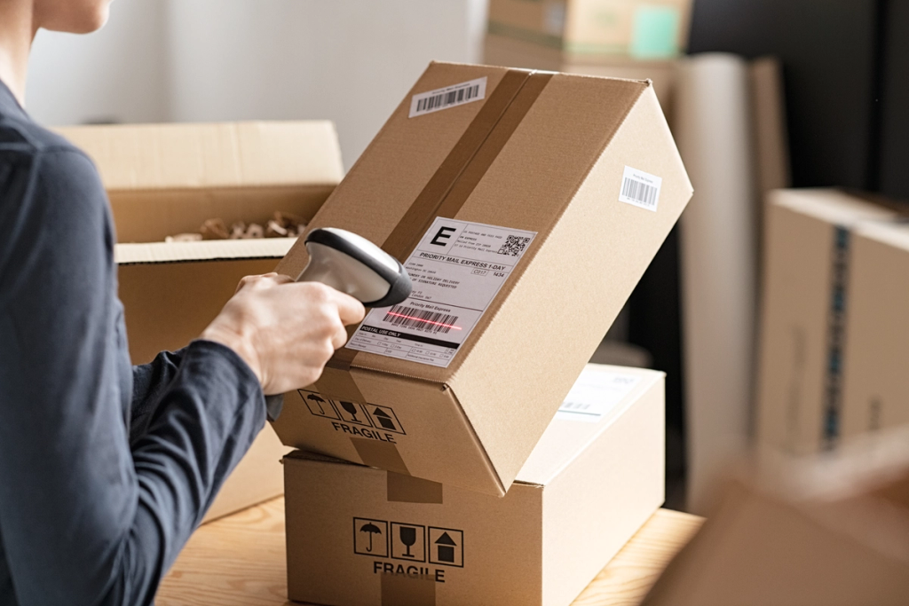 Person using a handheld barcode scanner to read shipping label on a cardboard box.