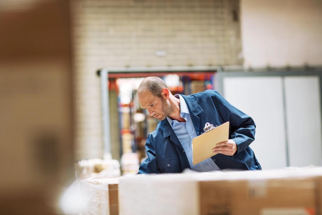 Warehouse worker reviewing a clipboard while inspecting inventory or shipment items.