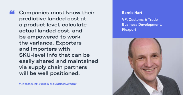 Quote card with headshot: Bernie Hart, VP Customs & Trade Business Development, Flexport, on landed cost