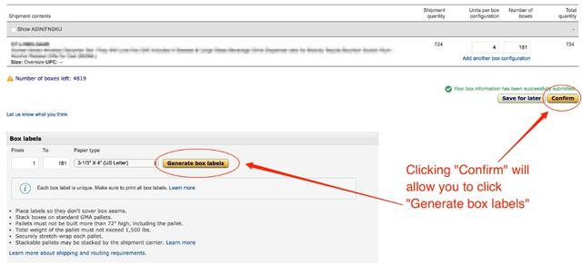 Amazon Seller Central box labels step with arrows showing to click Confirm then Generate box labels after submitting box information