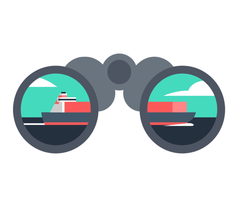Flat illustration of binoculars with a cargo ship framed inside each lens