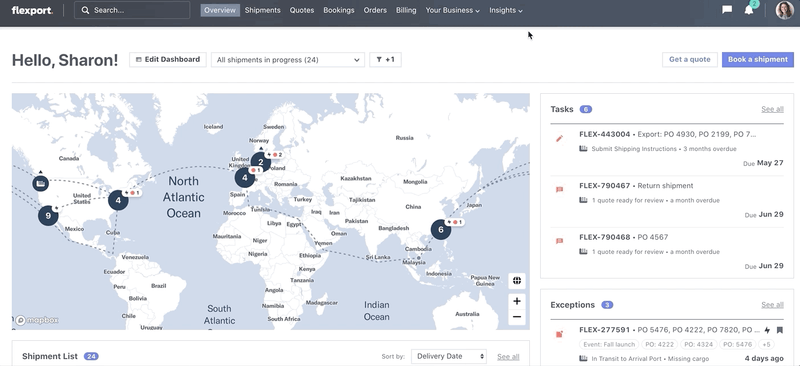 Flexport platform dashboard greeting 'Hello, Sharon!' with a world map of shipment routes plus task and exception lists