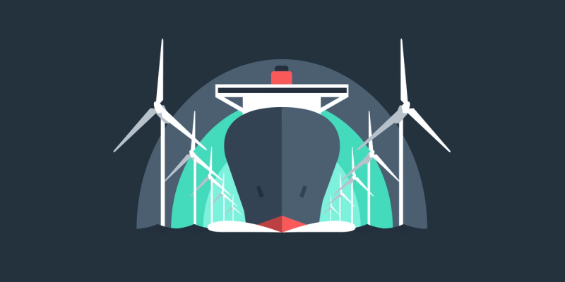 Flat illustration of a container ship flanked by wind turbines on dark navy