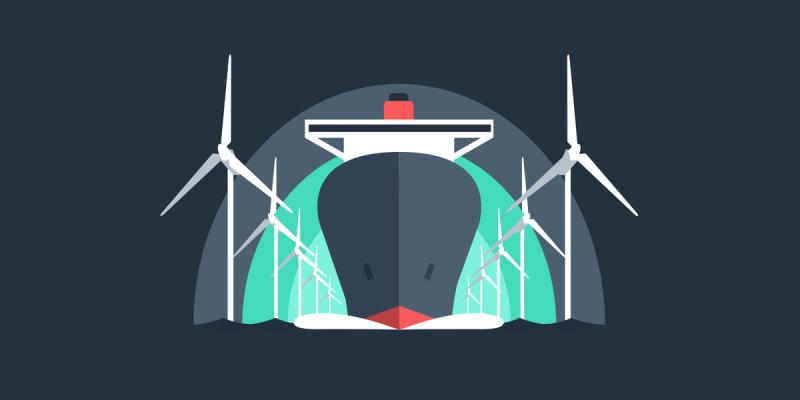 Flat illustration of a container ship flanked by wind turbines on dark navy