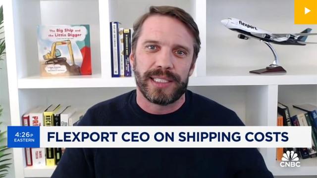 CNBC video still of a bearded Flexport executive in a remote interview, with chyron reading 'Flexport CEO on shipping costs'