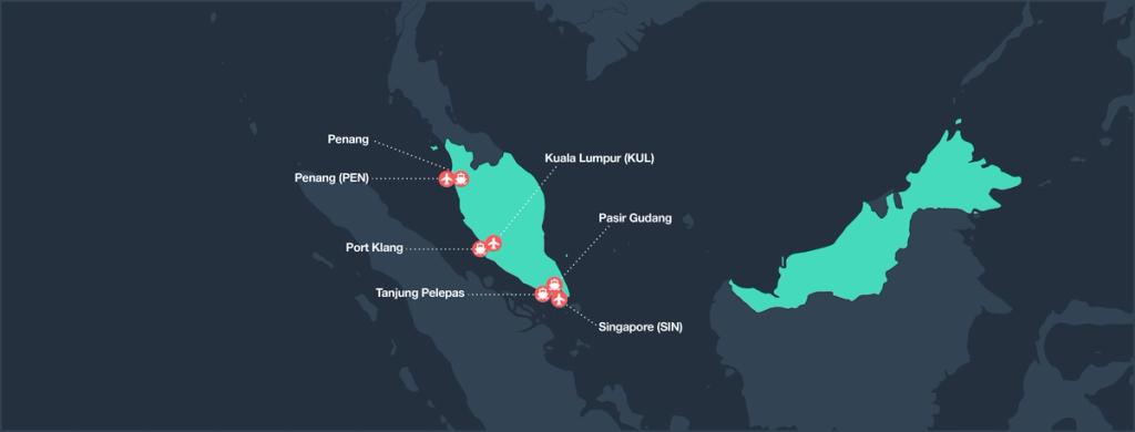 Map of Peninsular Malaysia and Singapore marking ports and airports: Penang, Port Klang, Tanjung Pelepas
