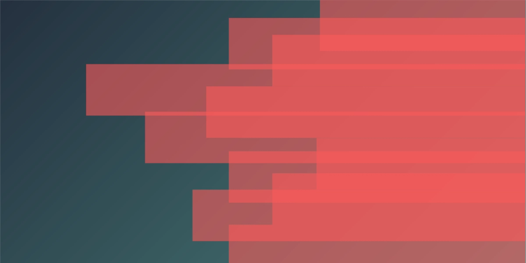 Abstract graphic of overlapping red rectangular bars on a dark teal gradient background