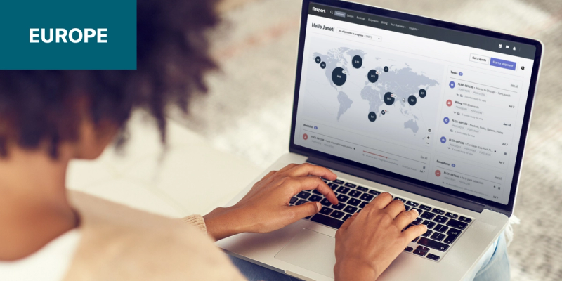 EUROPE label over photo of a woman typing on a laptop showing the Flexport platform dashboard with a world map and shipment data
