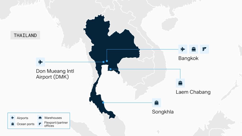 Map of Thailand's ports and airports