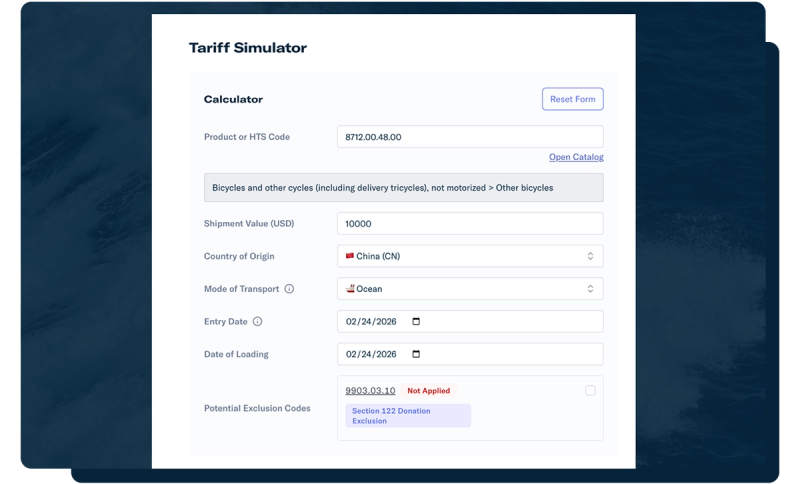 Tariff Simulator calculator form with HTS code, shipment value, country of origin, and mode of transport fields