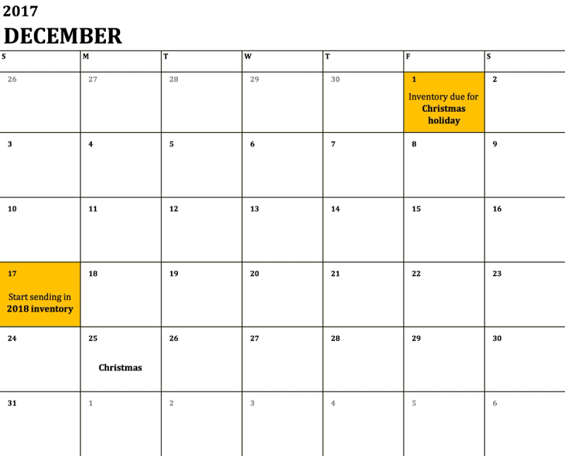 December 2017 calendar marking Dec 1 as inventory due for Christmas, Dec 17 to start sending 2018 inventory, and Christmas on Dec 25