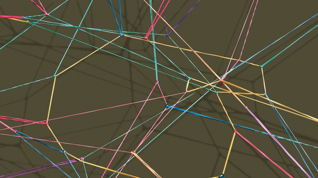 Abstract network graphic of thin multicolored lines crossing over a dark olive-brown background