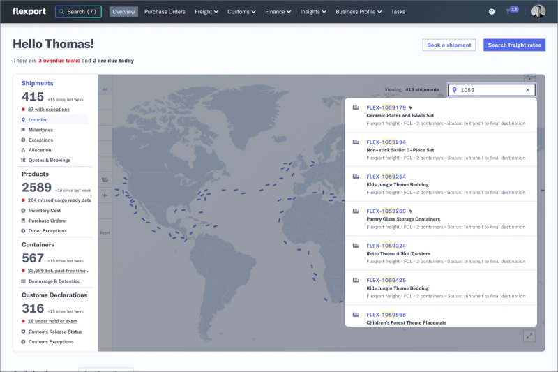 Flexport dashboard with a world map and a side panel listing shipments by number and status